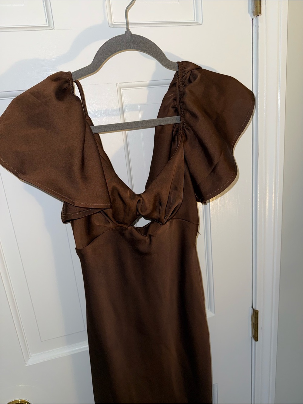 Satin Chocolate Brown Midi Dress with Dramatic Ruffle Shoulders